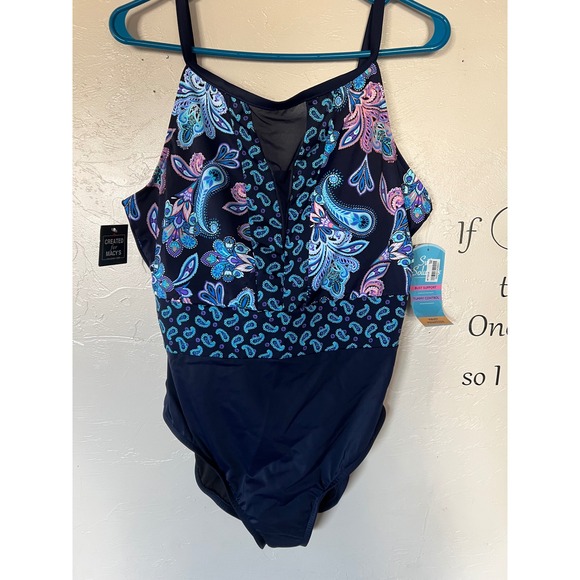 Swim Solutions High Neck Insert Mio One Piece Navy Paisley Swimsuit 18 NEW - Picture 2 of 10